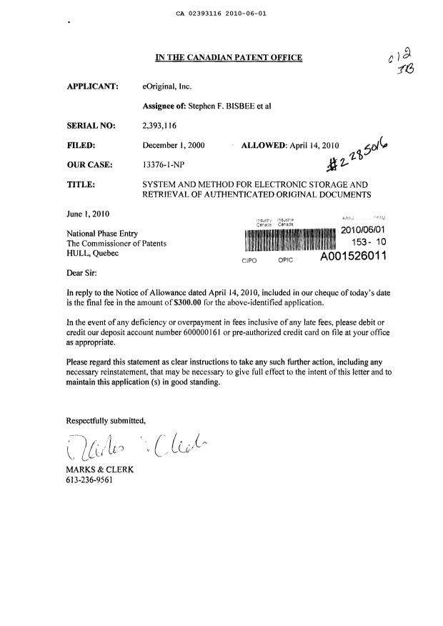 Document de brevet canadien 2393116. Correspondance 20100601. Image 1 de 1