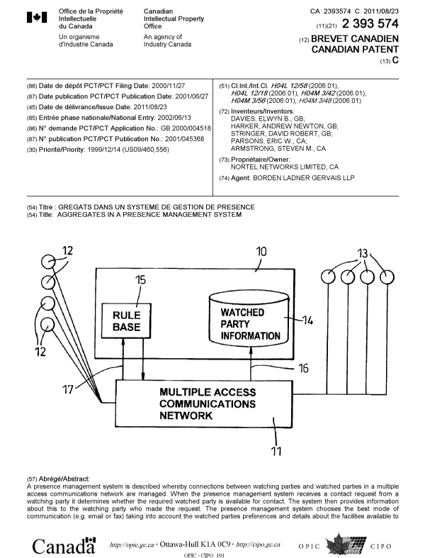 Document de brevet canadien 2393574. Page couverture 20101225. Image 1 de 2