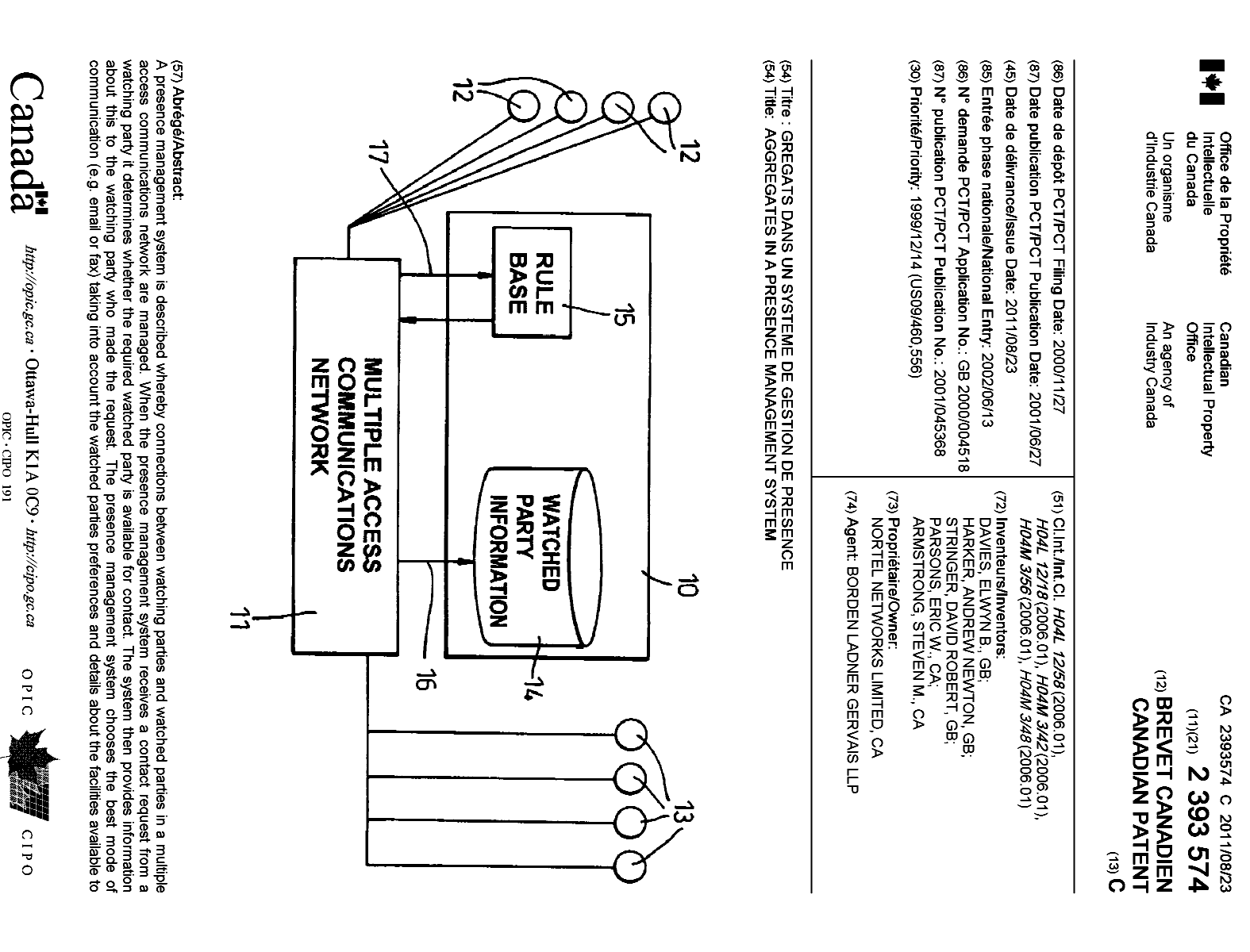 Document de brevet canadien 2393574. Page couverture 20101225. Image 1 de 2