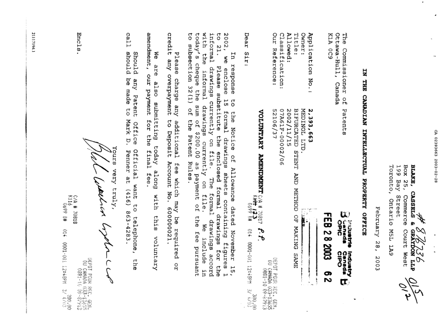 Document de brevet canadien 2393663. Correspondance 20030228. Image 1 de 1