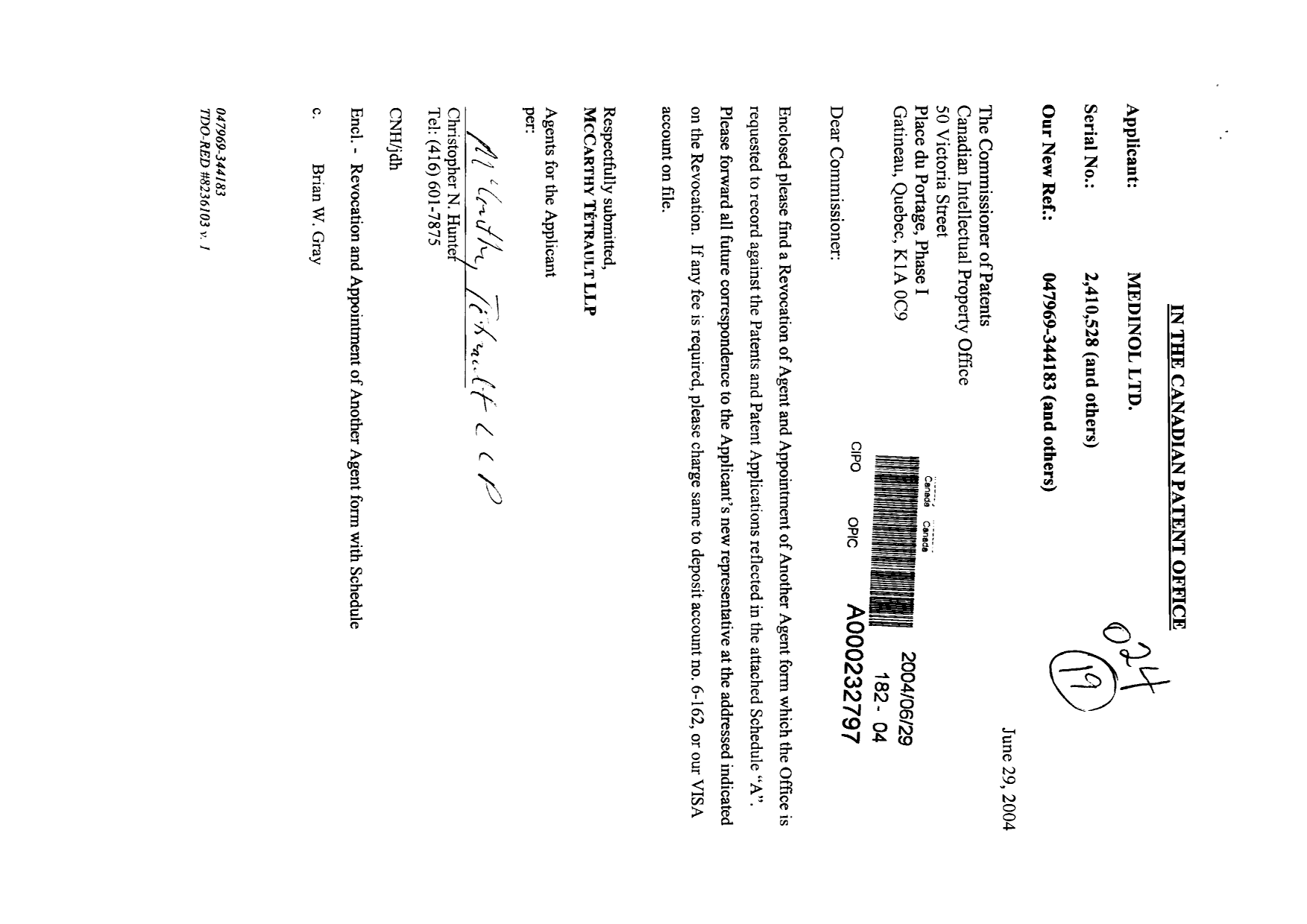 Canadian Patent Document 2393663. Correspondence 20040629. Image 1 of 3