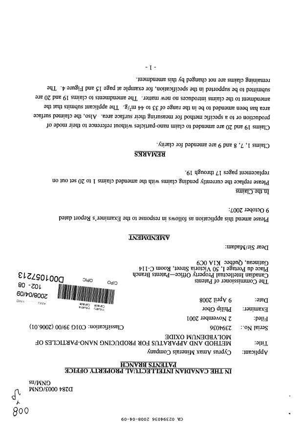 Canadian Patent Document 2394036. Prosecution-Amendment 20080409. Image 1 of 30