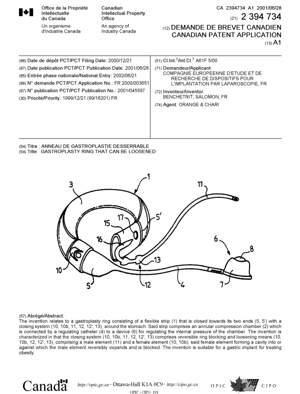 Canadian Patent Document 2394734. Cover Page 20021119. Image 1 of 1