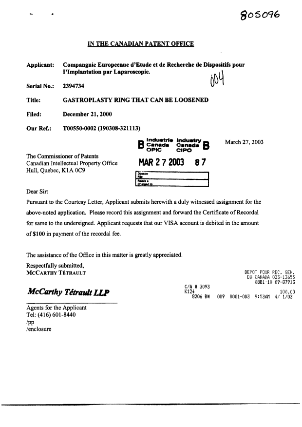 Canadian Patent Document 2394734. Assignment 20030327. Image 1 of 3