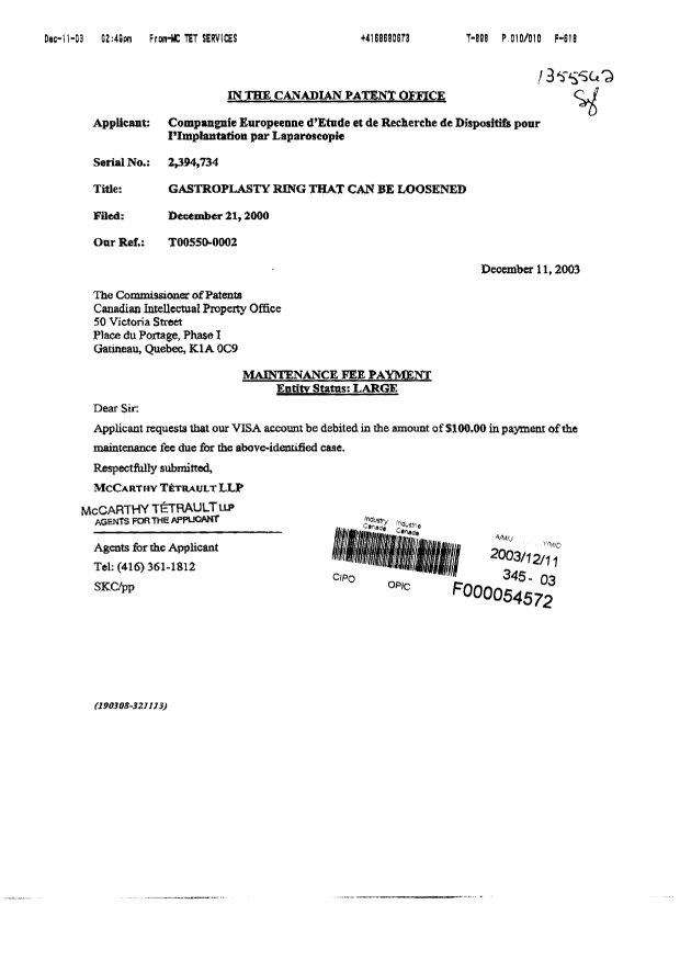 Document de brevet canadien 2394734. Taxes 20031211. Image 1 de 1