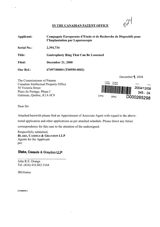 Canadian Patent Document 2394734. Correspondence 20041209. Image 1 of 2