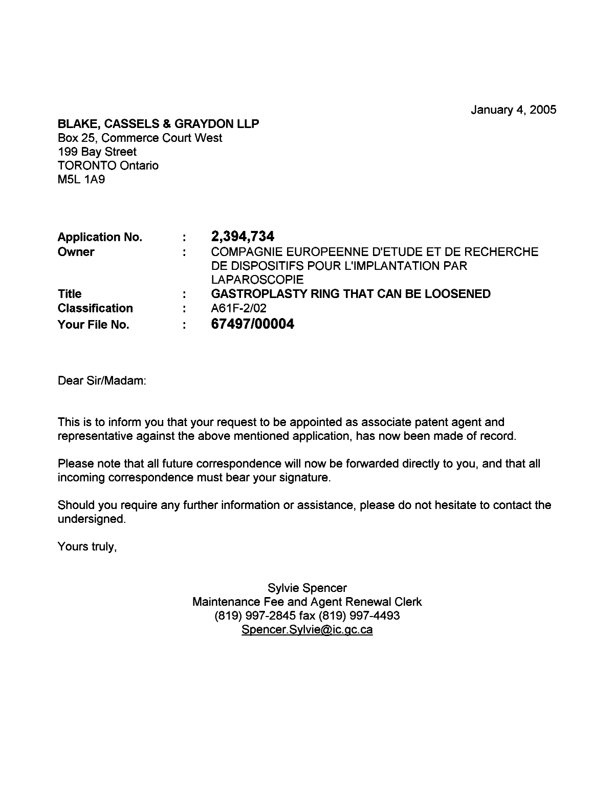 Canadian Patent Document 2394734. Correspondence 20050104. Image 1 of 1