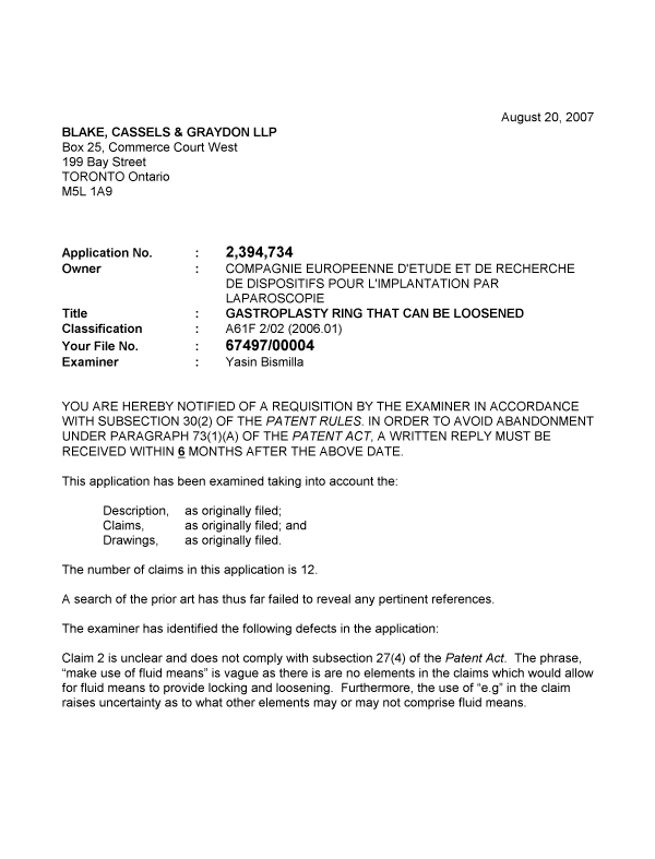Canadian Patent Document 2394734. Prosecution-Amendment 20070820. Image 1 of 2