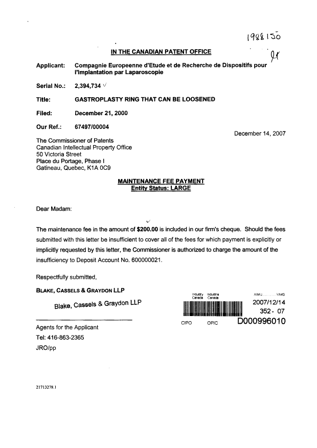 Document de brevet canadien 2394734. Taxes 20071214. Image 1 de 1