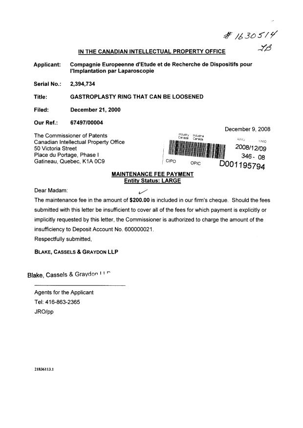 Document de brevet canadien 2394734. Taxes 20081209. Image 1 de 1
