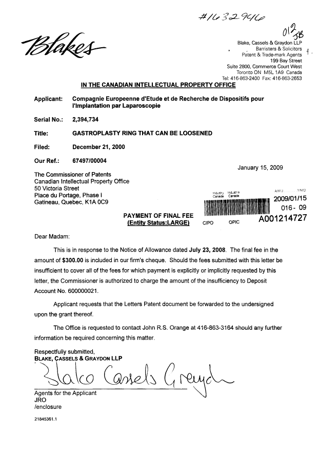 Canadian Patent Document 2394734. Correspondence 20090115. Image 1 of 1
