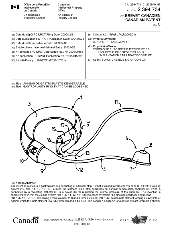 Canadian Patent Document 2394734. Cover Page 20090318. Image 1 of 1