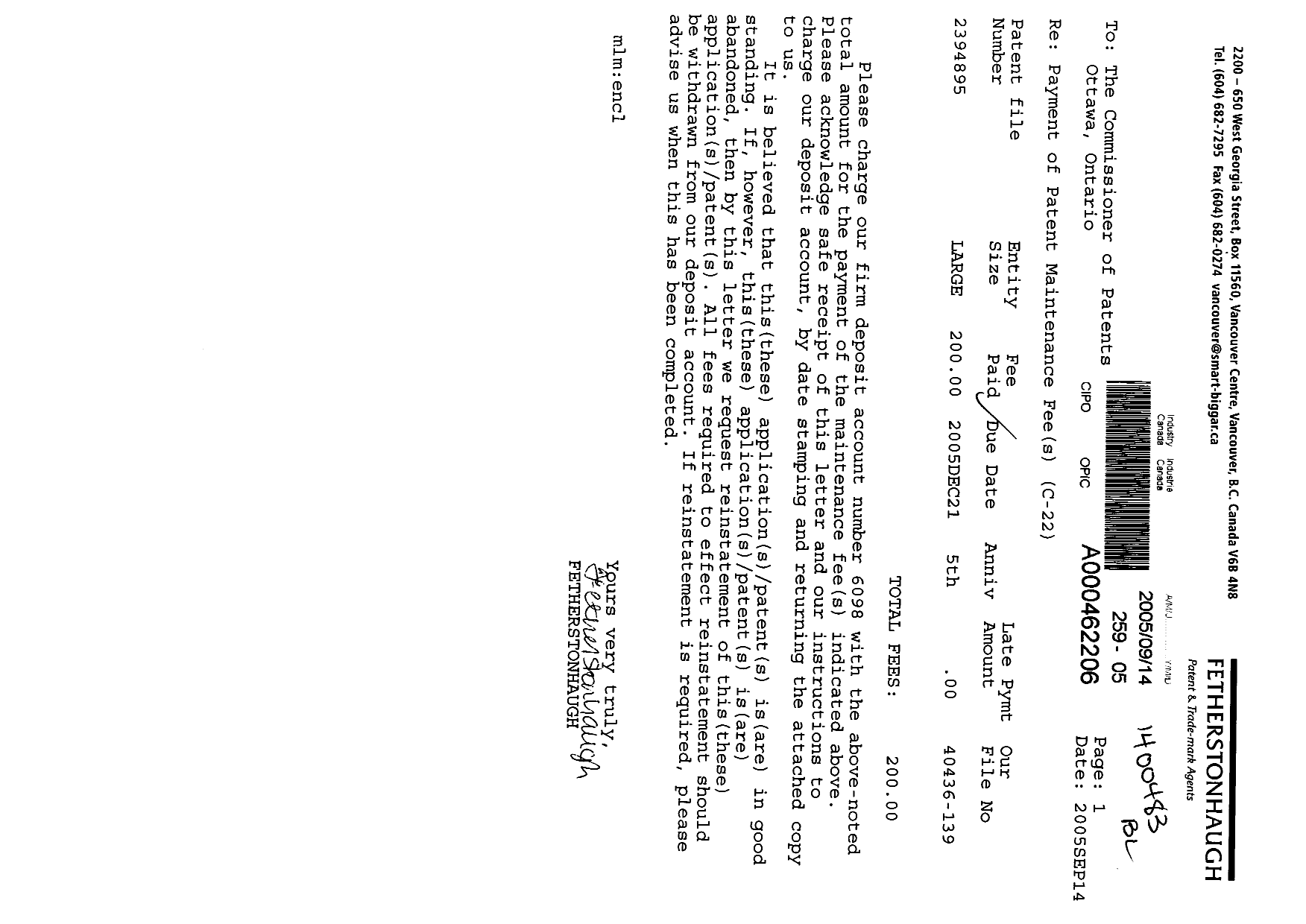 Document de brevet canadien 2394895. Taxes 20041214. Image 1 de 1