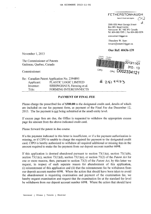Document de brevet canadien 2394895. Correspondance 20131101. Image 1 de 2