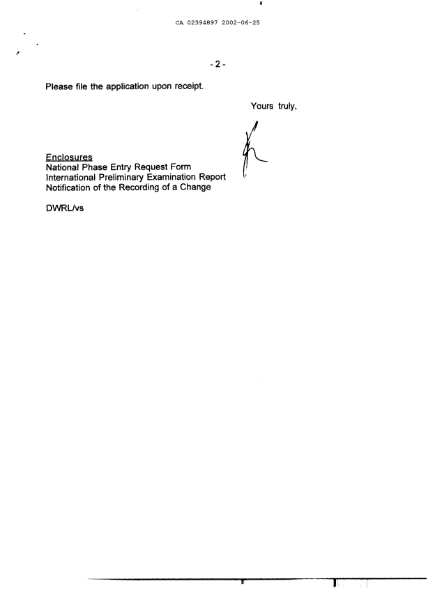 Document de brevet canadien 2394897. Cession 20020625. Image 2 de 4