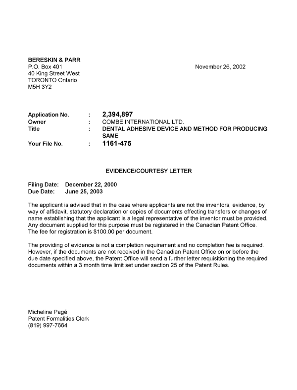 Canadian Patent Document 2394897. Correspondence 20020919. Image 1 of 1