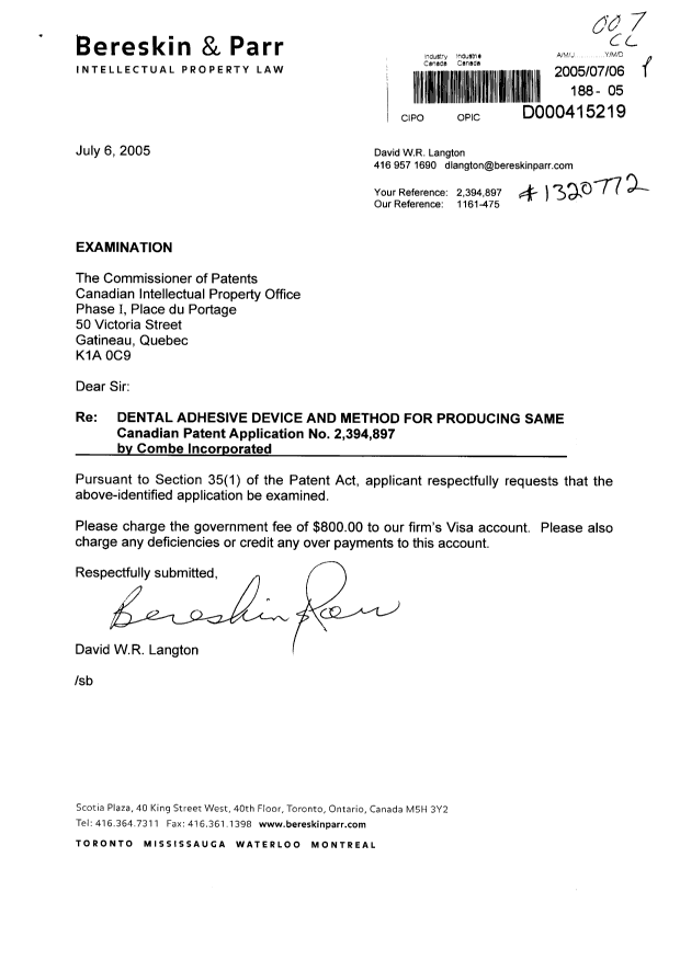 Canadian Patent Document 2394897. Prosecution-Amendment 20050706. Image 1 of 1