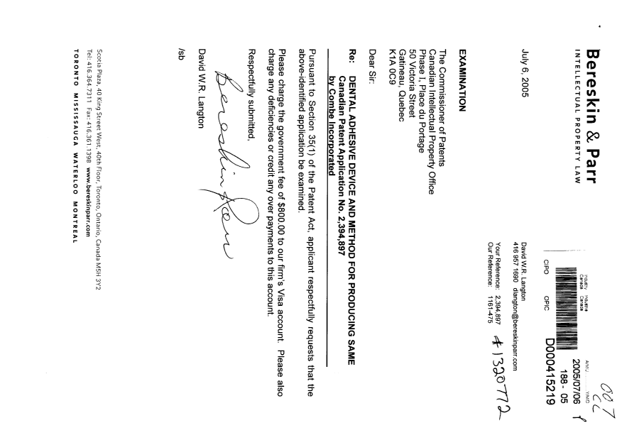 Document de brevet canadien 2394897. Poursuite-Amendment 20050706. Image 1 de 1