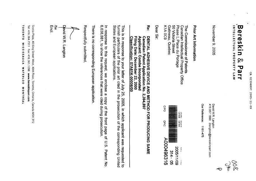 Document de brevet canadien 2394897. Poursuite-Amendment 20051109. Image 1 de 1