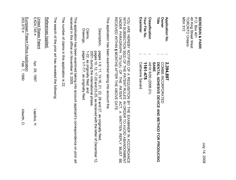 Document de brevet canadien 2394897. Poursuite-Amendment 20080714. Image 1 de 3
