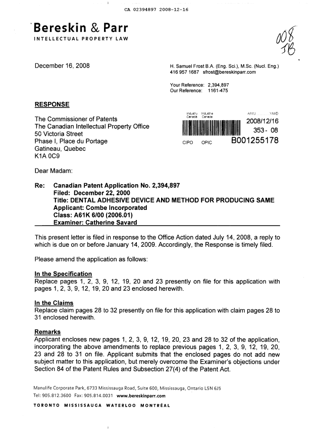 Canadian Patent Document 2394897. Prosecution-Amendment 20081216. Image 1 of 15