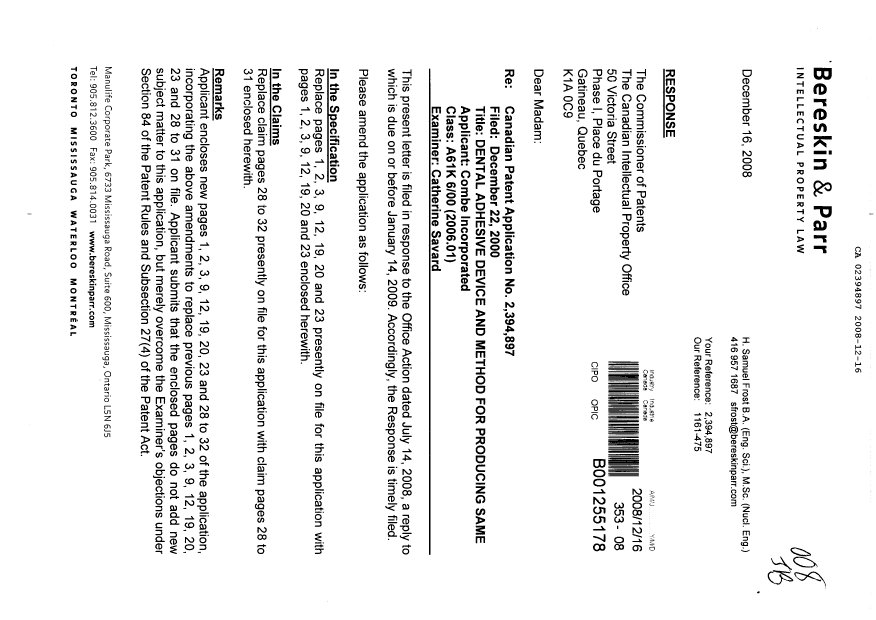 Document de brevet canadien 2394897. Poursuite-Amendment 20081216. Image 1 de 15