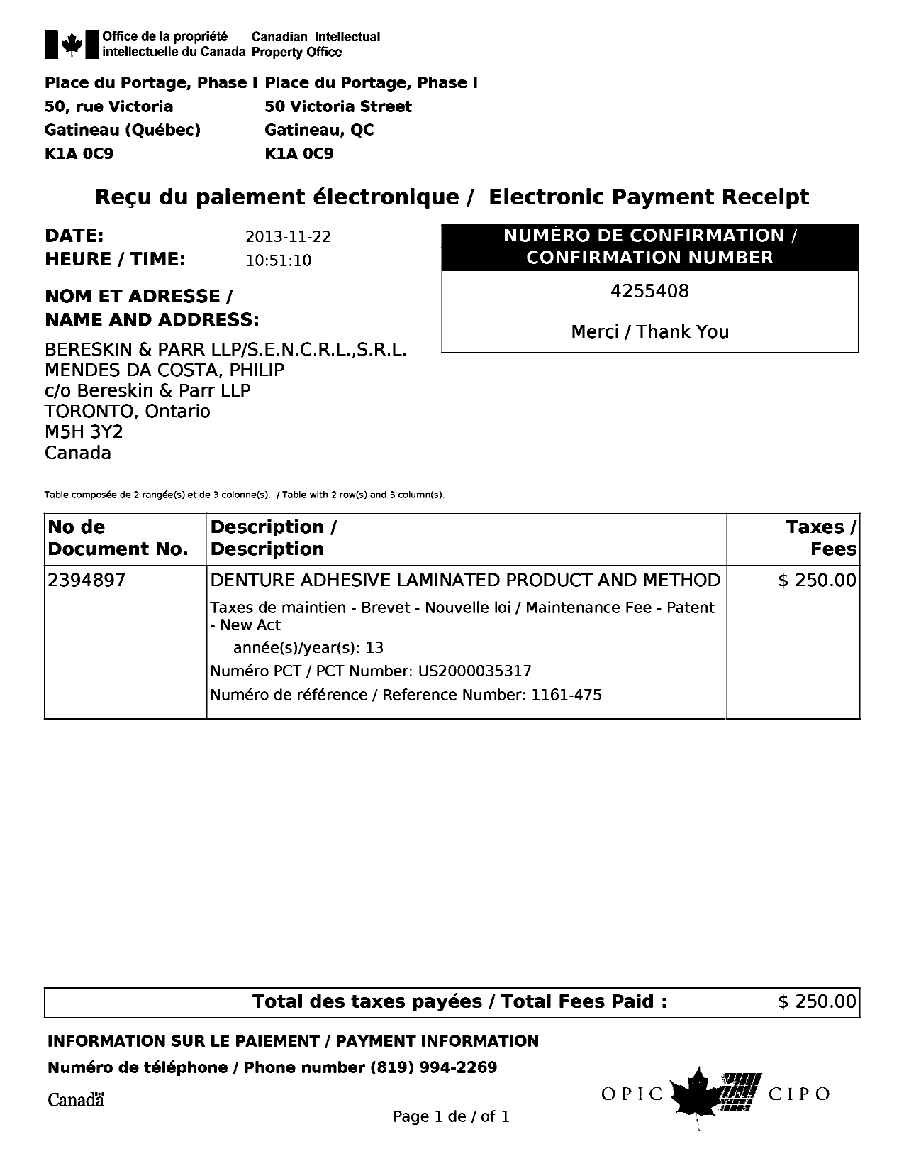 Document de brevet canadien 2394897. Taxes 20131122. Image 1 de 1