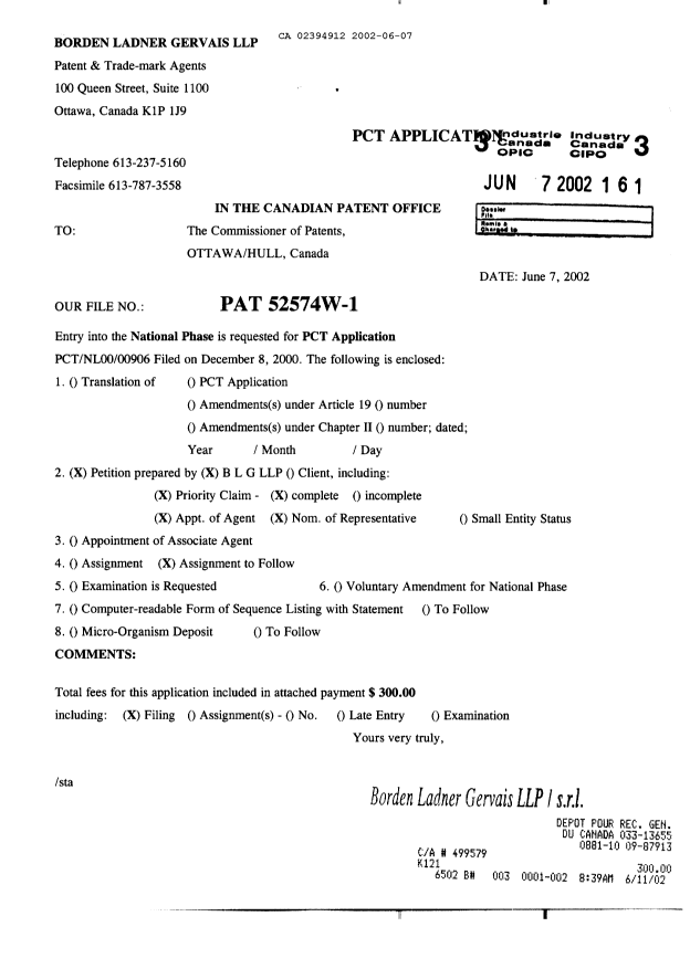 Document de brevet canadien 2394912. Cession 20020607. Image 1 de 3