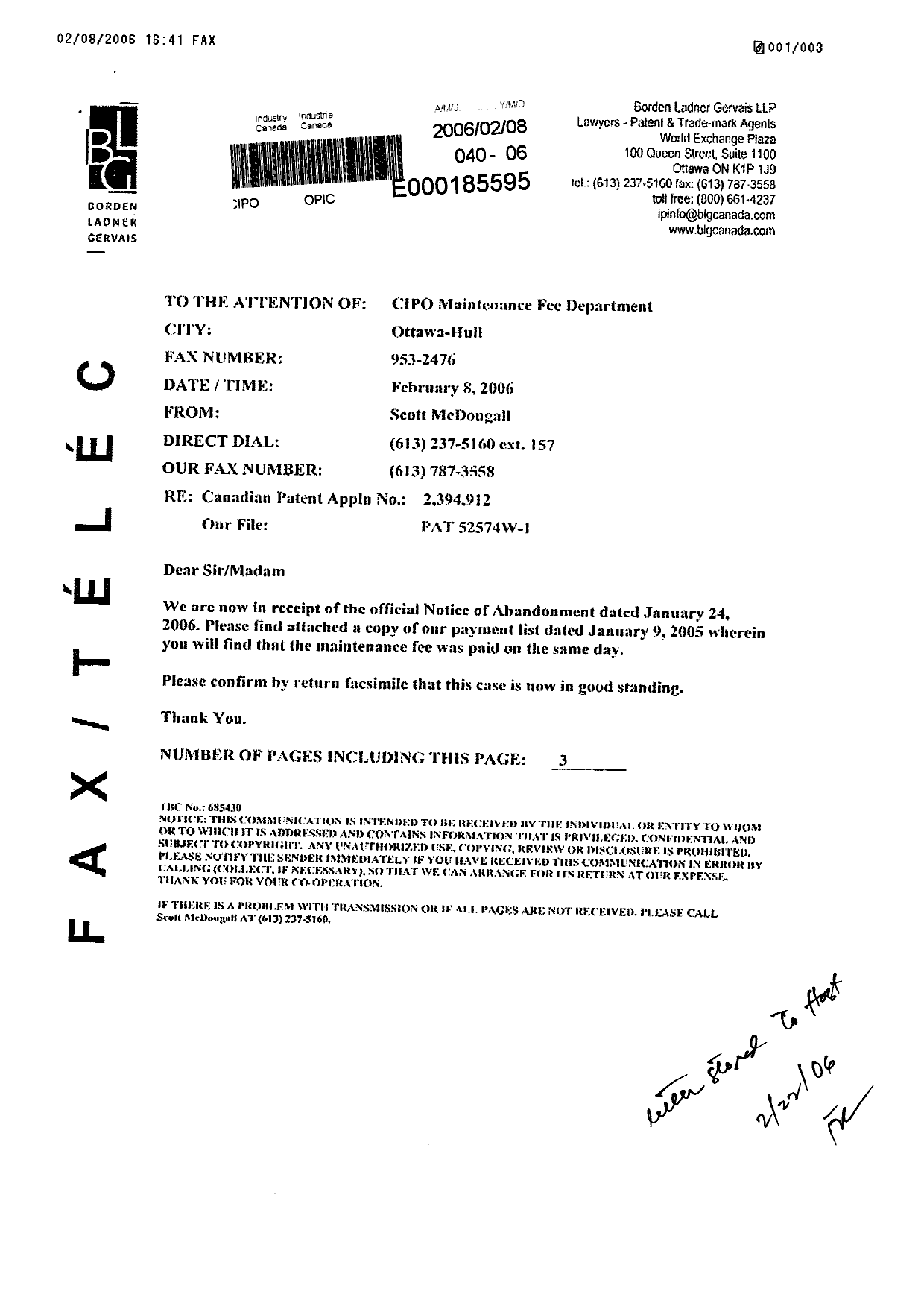 Document de brevet canadien 2394912. Correspondance 20060208. Image 1 de 3