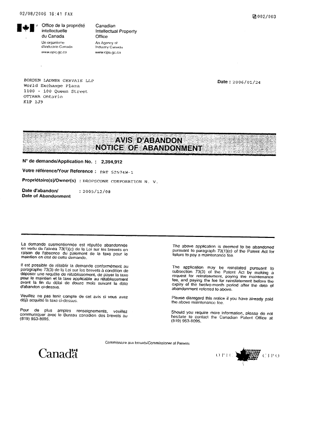 Canadian Patent Document 2394912. Correspondence 20060208. Image 2 of 3
