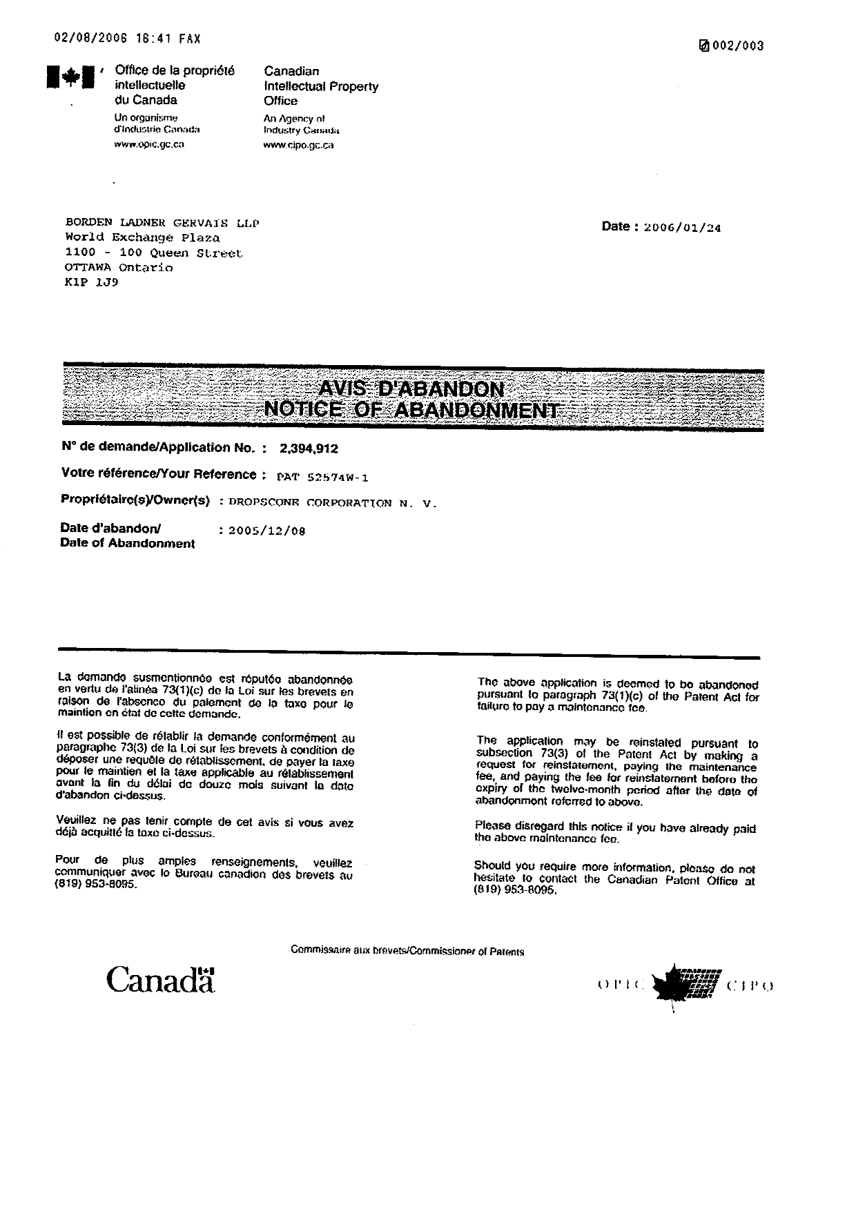 Canadian Patent Document 2394912. Correspondence 20060208. Image 2 of 3