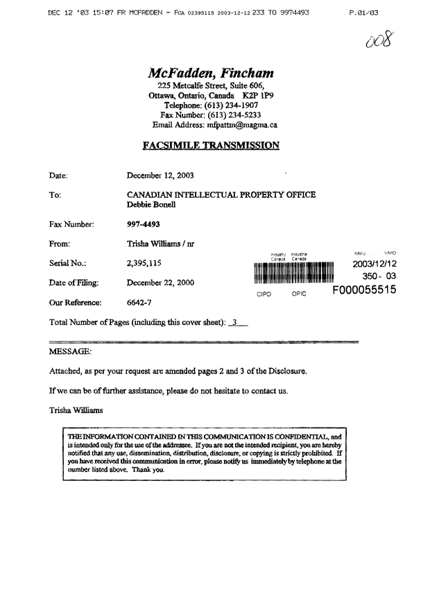 Canadian Patent Document 2395115. Prosecution-Amendment 20031212. Image 1 of 3