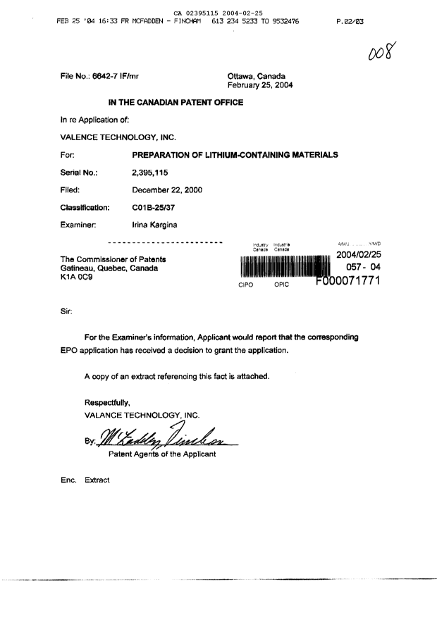 Canadian Patent Document 2395115. Prosecution-Amendment 20040225. Image 1 of 3