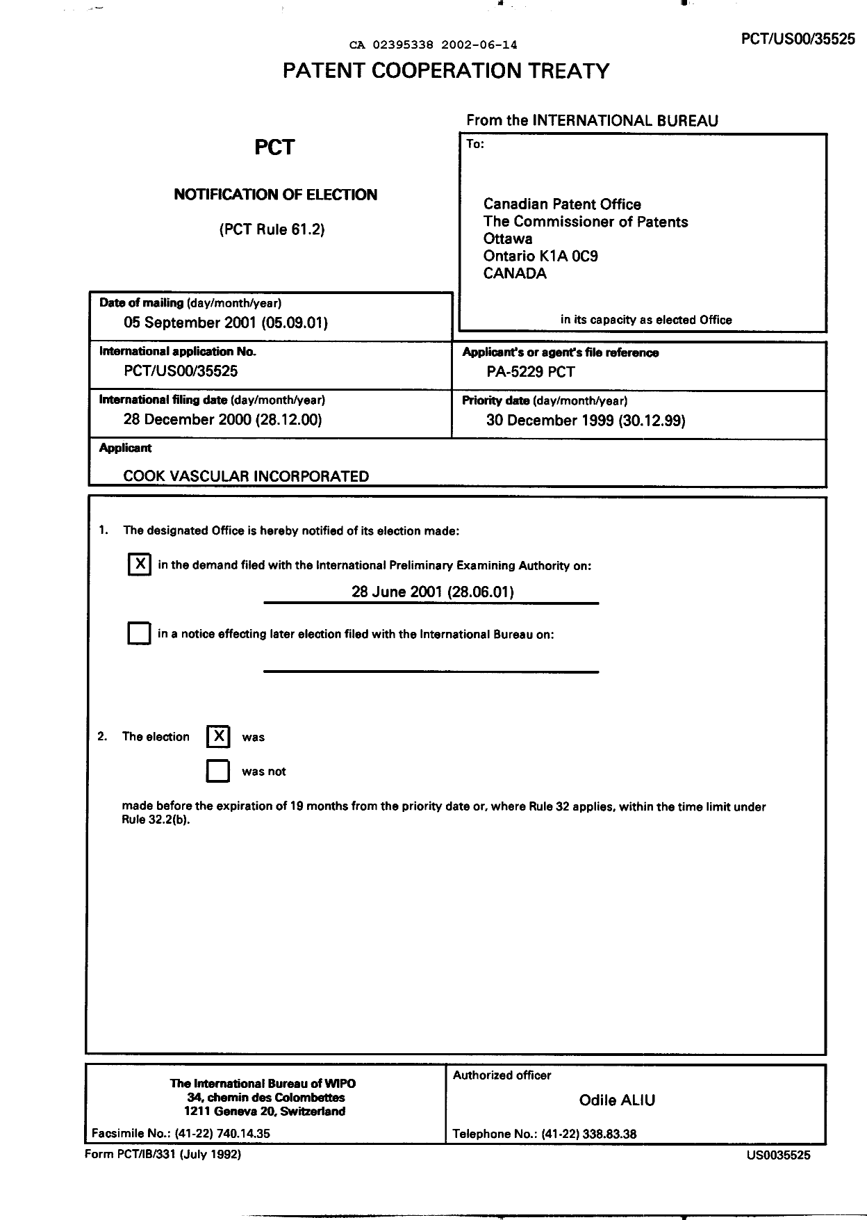 Document de brevet canadien 2395338. PCT 20020614. Image 1 de 8
