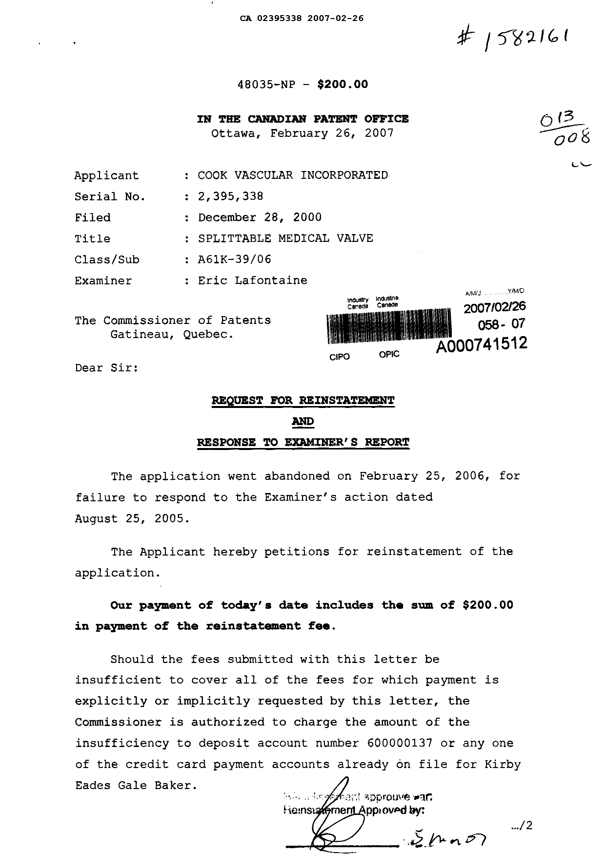 Canadian Patent Document 2395338. Prosecution-Amendment 20061226. Image 1 of 14