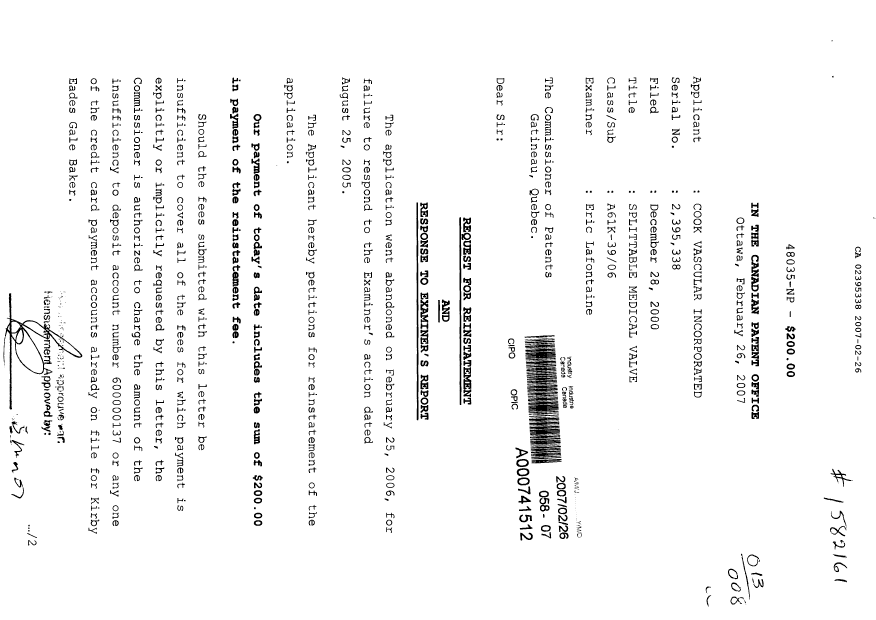 Document de brevet canadien 2395338. Poursuite-Amendment 20070226. Image 1 de 14