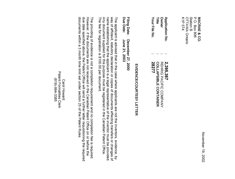 Document de brevet canadien 2395367. Correspondance 20021115. Image 1 de 1
