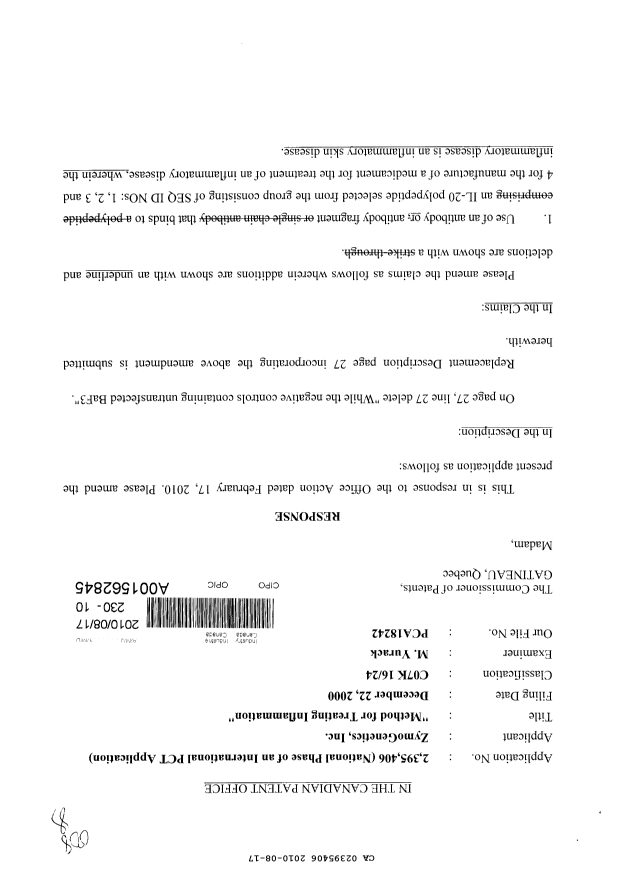 Canadian Patent Document 2395406. Prosecution-Amendment 20100817. Image 1 of 21