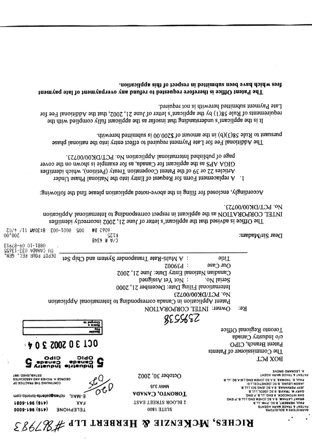 Canadian Patent Document 2395538. Assignment 20021030. Image 1 of 2