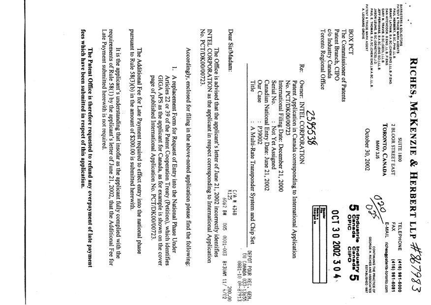 Document de brevet canadien 2395538. Correspondance 20021030. Image 1 de 4