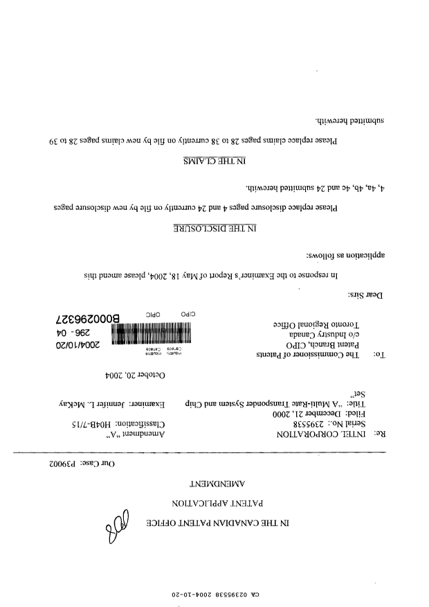 Canadian Patent Document 2395538. Prosecution-Amendment 20041020. Image 1 of 28