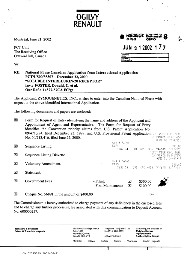 Document de brevet canadien 2395539. Cession 20020621. Image 1 de 3