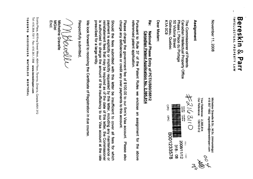 Document de brevet canadien 2395814. Cession 20081112. Image 1 de 2