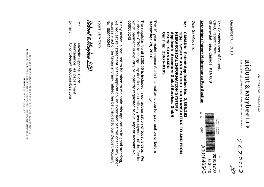 Document de brevet canadien 2396263. Taxes 20101203. Image 1 de 1