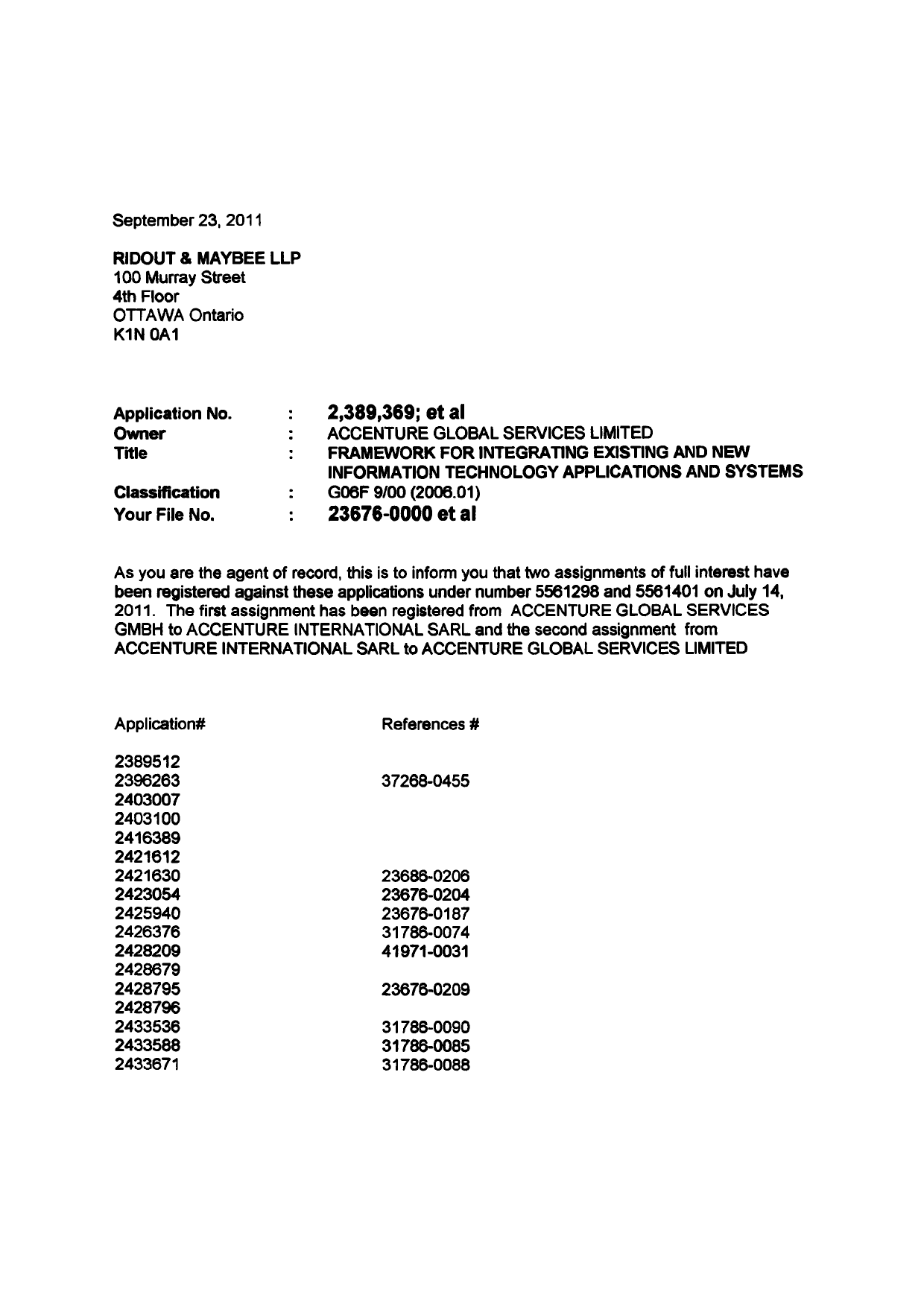 Document de brevet canadien 2396263. Correspondance 20110923. Image 1 de 3