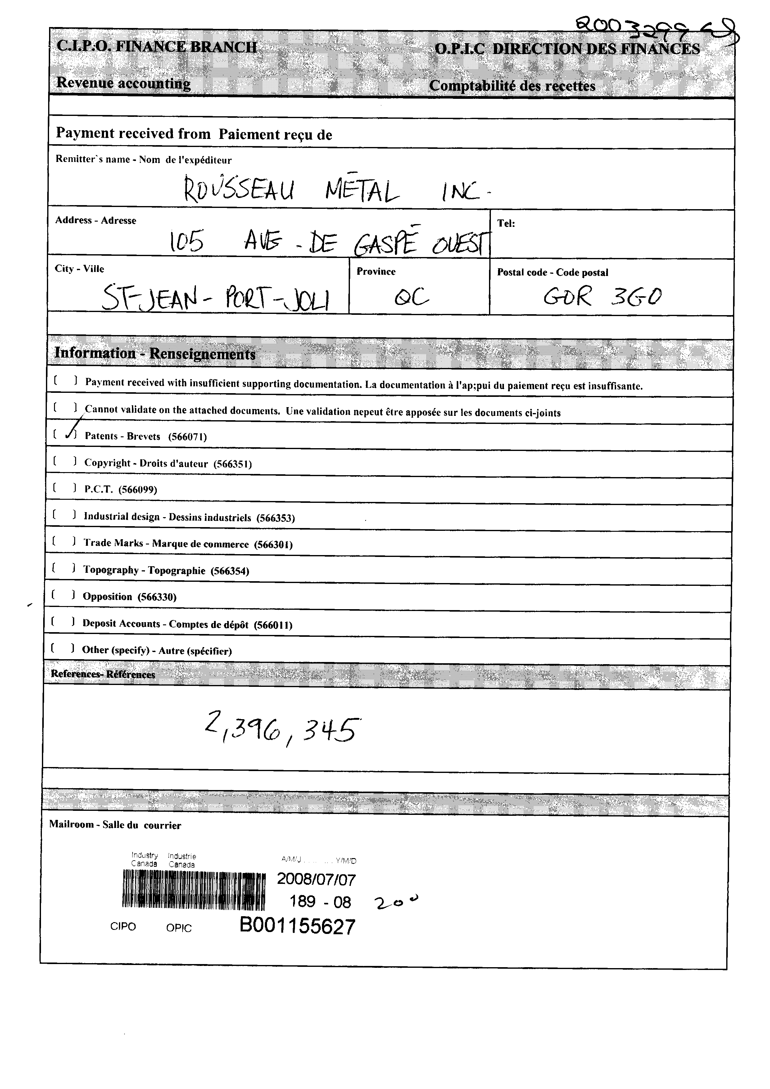 Canadian Patent Document 2396345. Fees 20080707. Image 1 of 2