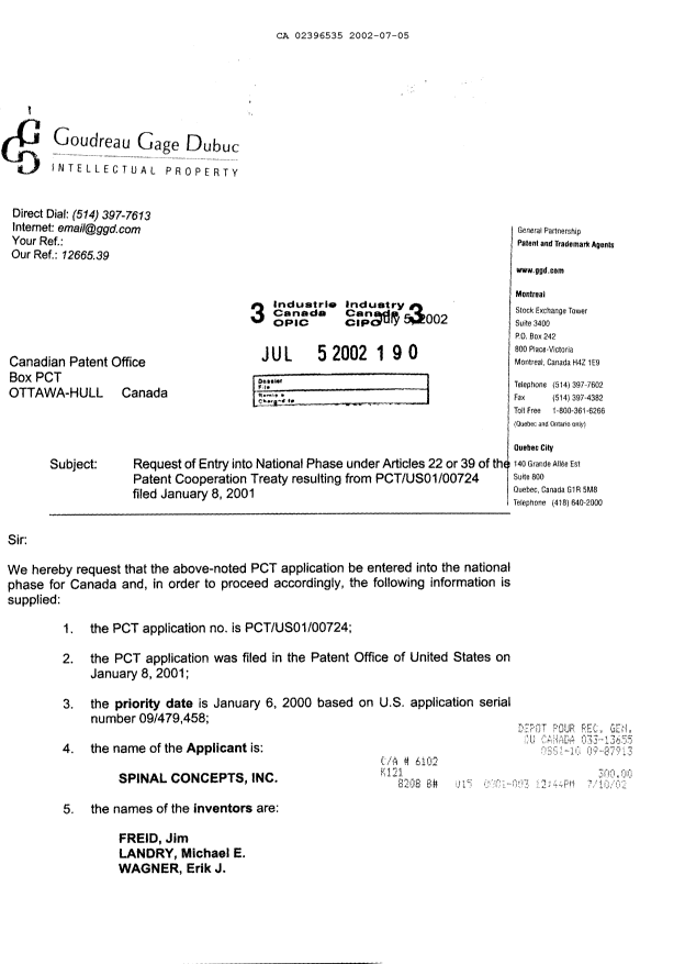 Document de brevet canadien 2396535. Cession 20020705. Image 1 de 4
