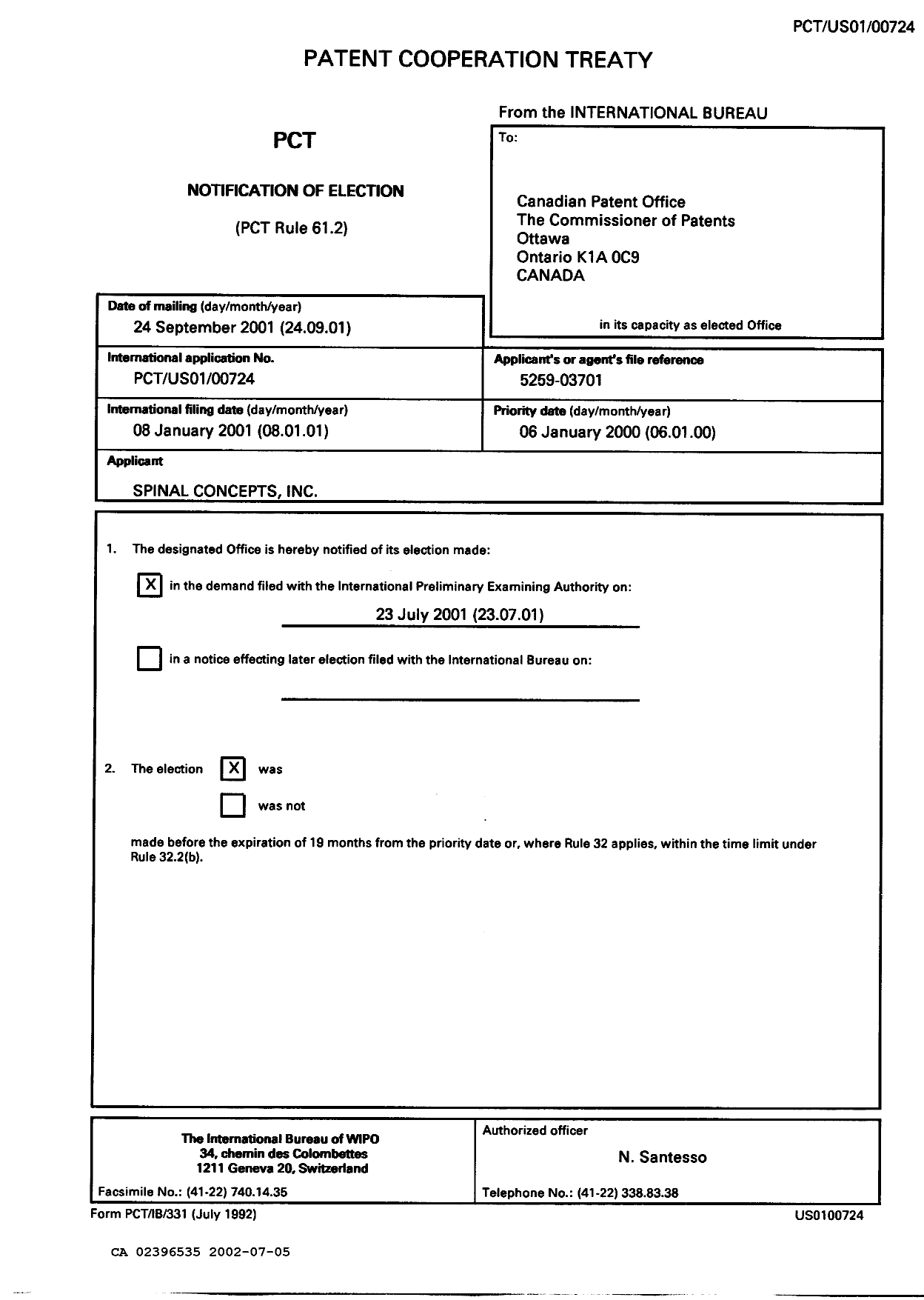 Document de brevet canadien 2396535. PCT 20020705. Image 1 de 3