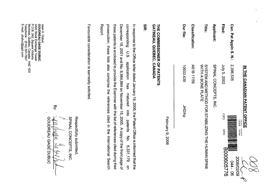 Canadian Patent Document 2396535. Prosecution-Amendment 20060209. Image 1 of 1
