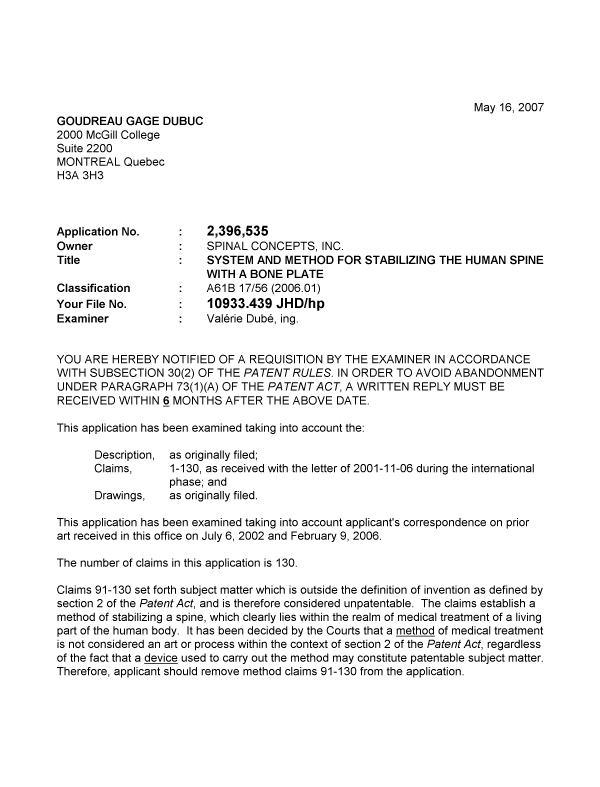 Canadian Patent Document 2396535. Prosecution-Amendment 20070516. Image 1 of 3